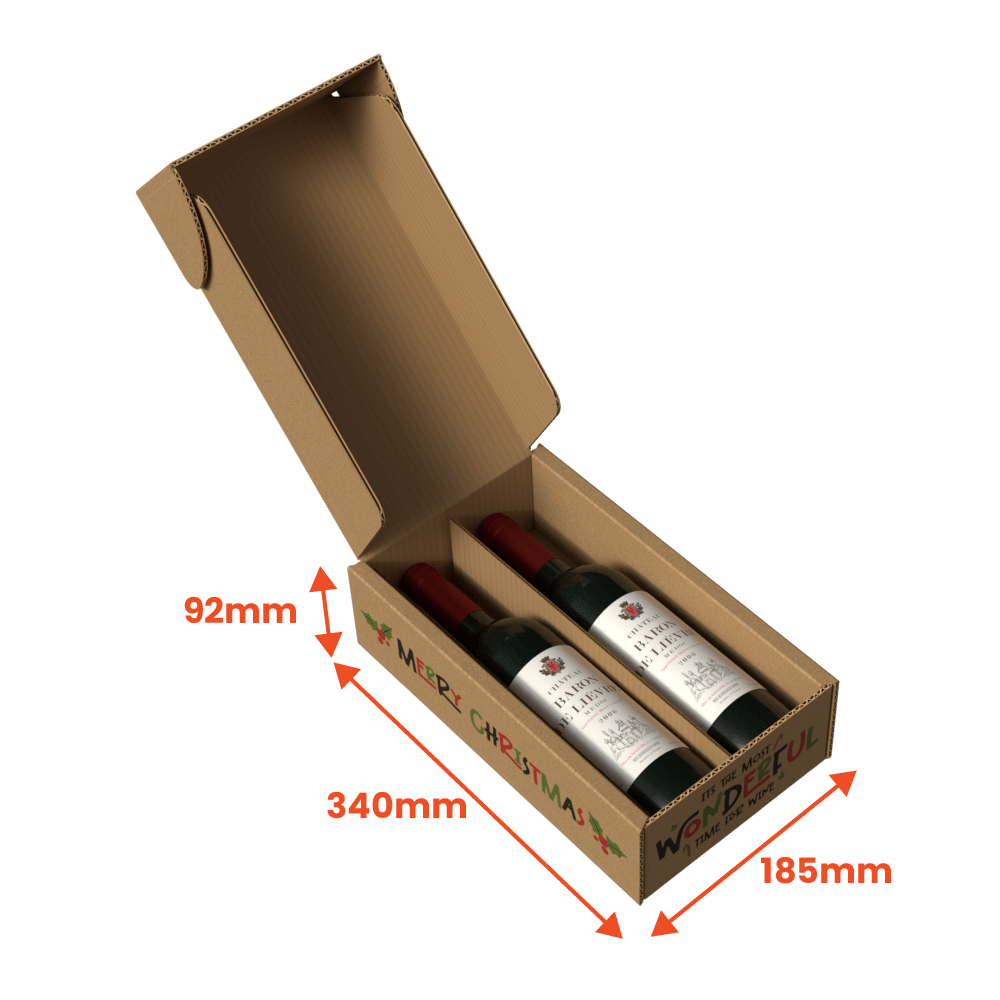 Wine gift pack cardboard box with two bottles inside, showing dimensions on a transparent background