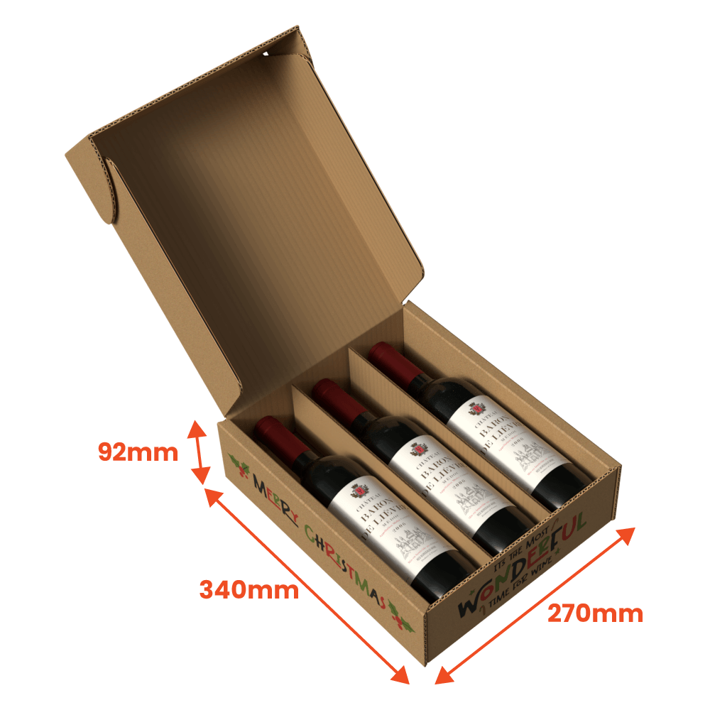 Cardboard wine gift pack box with wine bottles inside showing dimensions