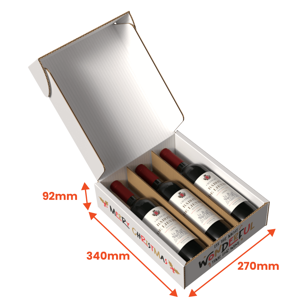 Wine gift pack box with wine bottles inside showing dimensions