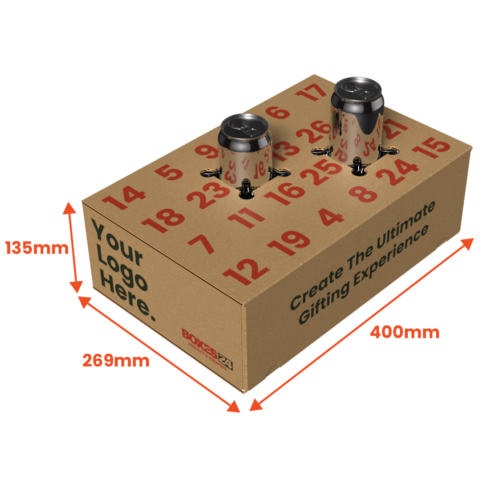 Cardboard beer advent calender box with dimensions and cans