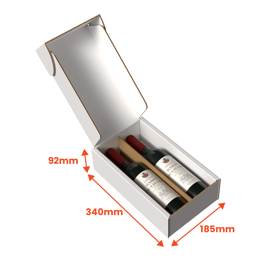 White wine gift pack cardboard box with two bottles inside, showing dimensions on a black background