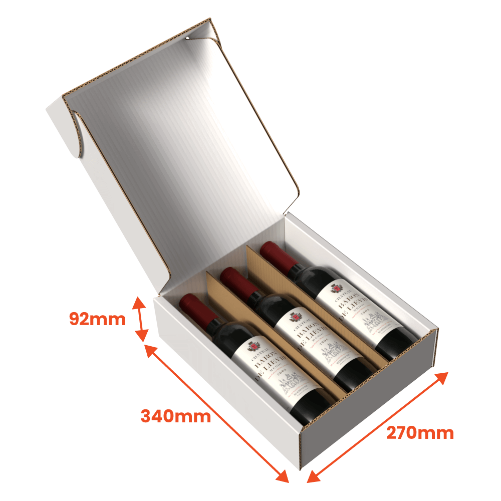 Wine gift pack cardboard box with three bottles inside showing dimensions