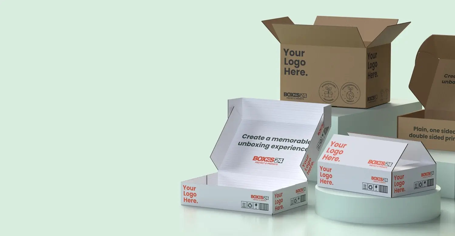 Cardboard boxes with 'Your Logo Here' text on a light green background