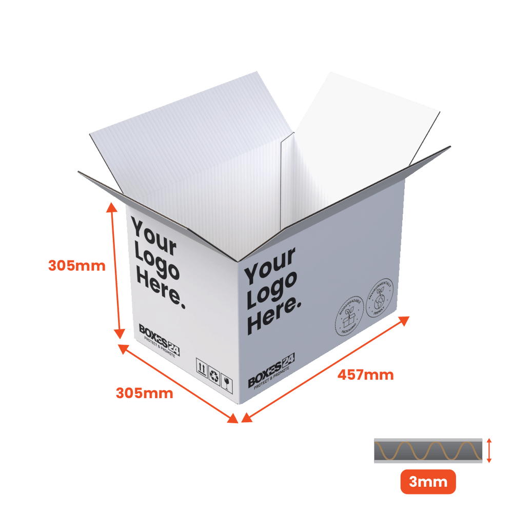 Single Wall Packing Box White - SW15 - 457 x 305 x 305mm - Custom Print - 1 Sided (Pack of 25) - Boxes 24