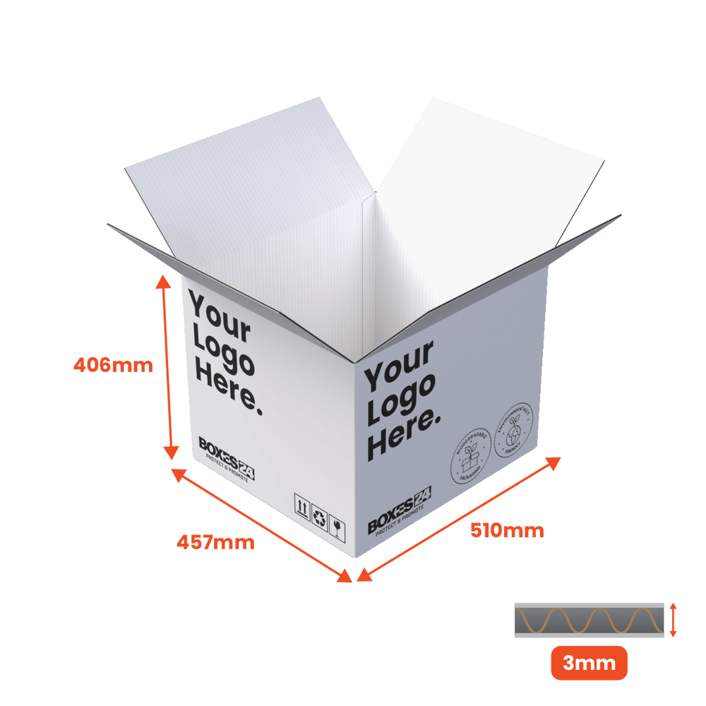 Single Wall Packing Box White - SW16 - 510 x 457 x 406mm - Custom Print - 1 Sided (Pack of 25) - Boxes 24