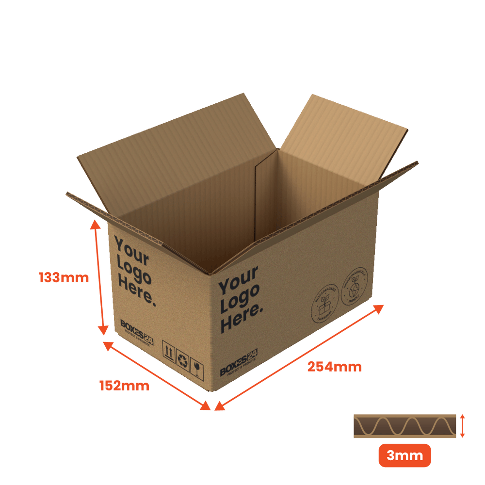 Single Wall Packing Box Brown - SW3 - 254 x 152 x 133mm - Custom Print - 1 Sided (Pack of 25) - Boxes 24