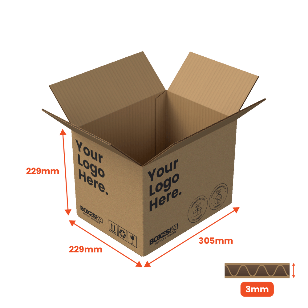 Single Wall Packing Box Brown - SW4 (A4) - 305 x 229 x 229mm - Custom Print - 1 Sided (Pack of 25) - Boxes 24