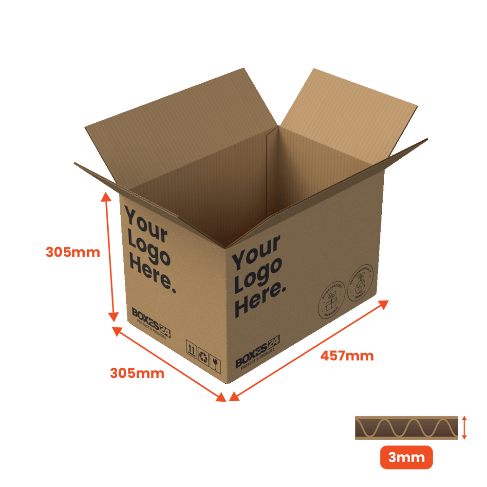 Single Wall Packing Box Brown - SW7 - 457 x 305 x 305mm - Custom Print - 1 Sided (Pack of 25) - Boxes 24