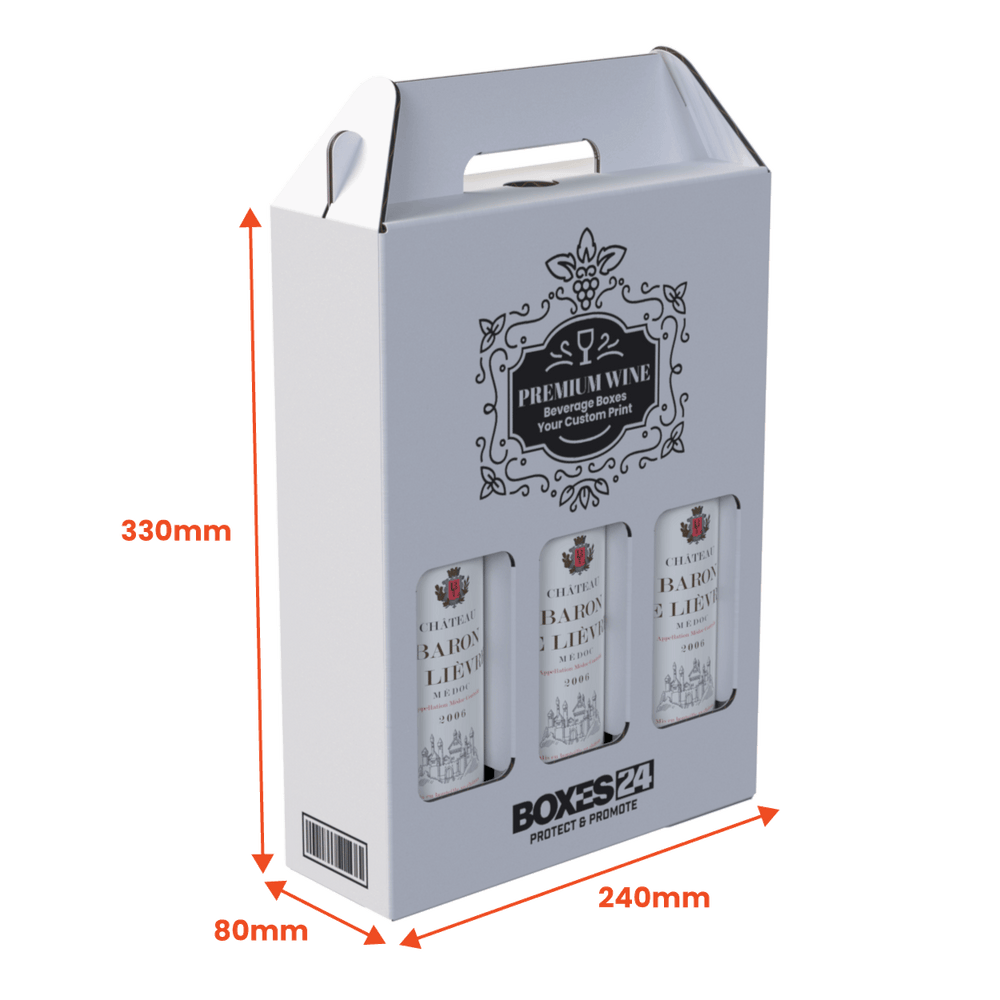 3 Bottle (750ml) Wine Carry Pack - White - 240 x 80 x 330mm - Custom Print - 1 Sided (Pack of 25) - Boxes 24