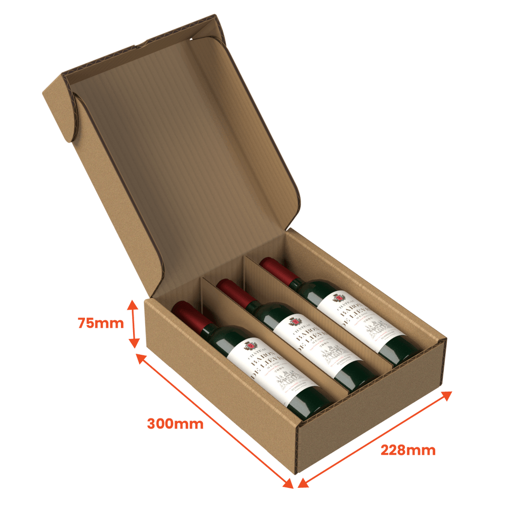 3 Bottle (750ml) Wine Lay Flat Box - Brown - 300 x 228 x 75mm (Pack of 25) - Boxes 24