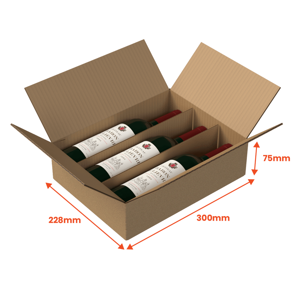 3 Bottle (750ml) Wine Shipper - Brown - 300 x 228 x 75mm (Pack of 10) - Boxes 24