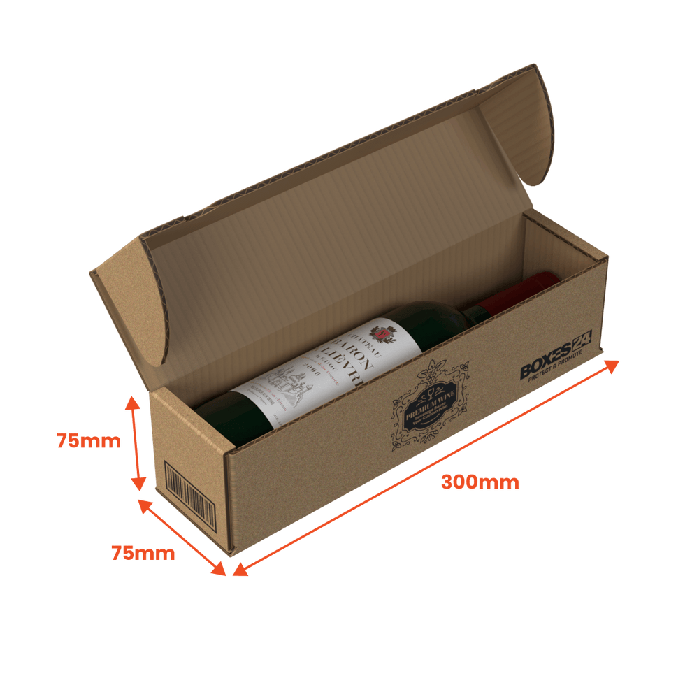 1 Bottle Wine (750ml) Lay Flat Box - Brown - 300 x 75 x 75mm - Custom Print - 1 Sided (Pack of 25) - Boxes 24