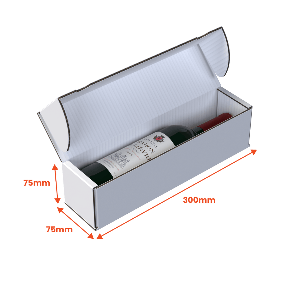 1 Bottle Wine (750ml) Lay Flat Box - White - 300 x 75 x 75mm (Pack of 25) - Boxes 24
