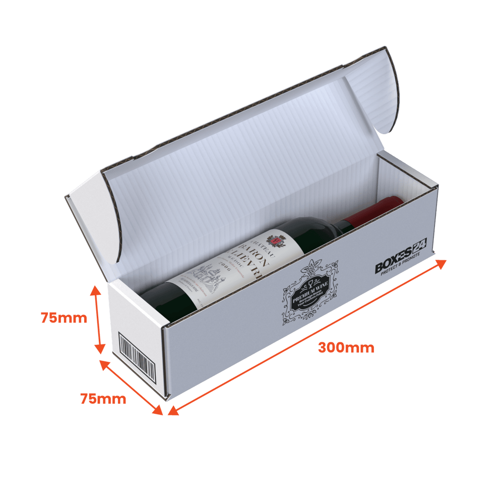 1 Bottle Wine (750ml) Lay Flat Box - White - 300 x 75 x 75mm - Custom Print - 1 Sided (Pack of 25) - Boxes 24