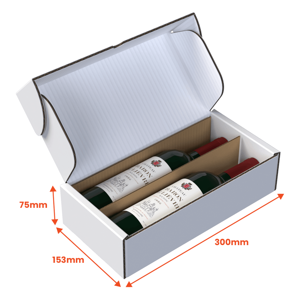 2 Bottle (750ml) Wine Lay Flat Box - White - 300 x 153 x 75mm (Pack of 25) - Boxes 24