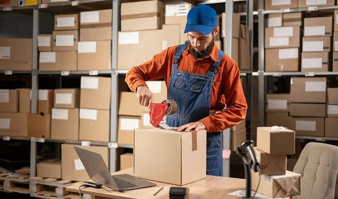 Worker packaging a box in a warehouse setting with shelves of boxes and a laptop on a table.