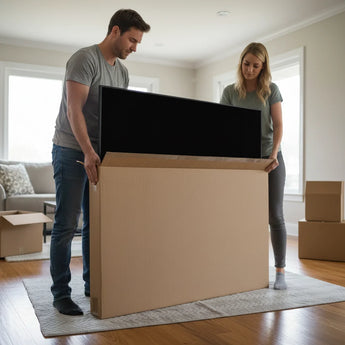 two people putting a tv into a tv moving box