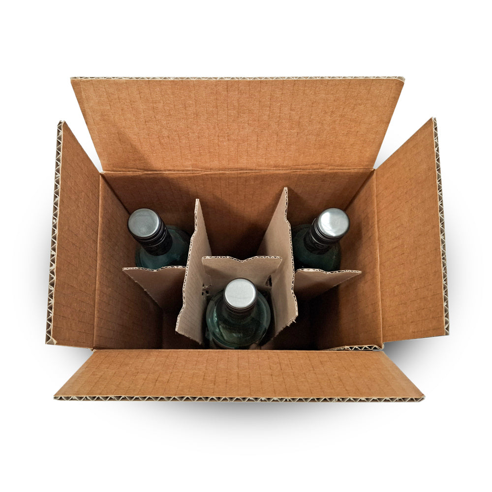 Cardboard box with three green bottles inside on a white background