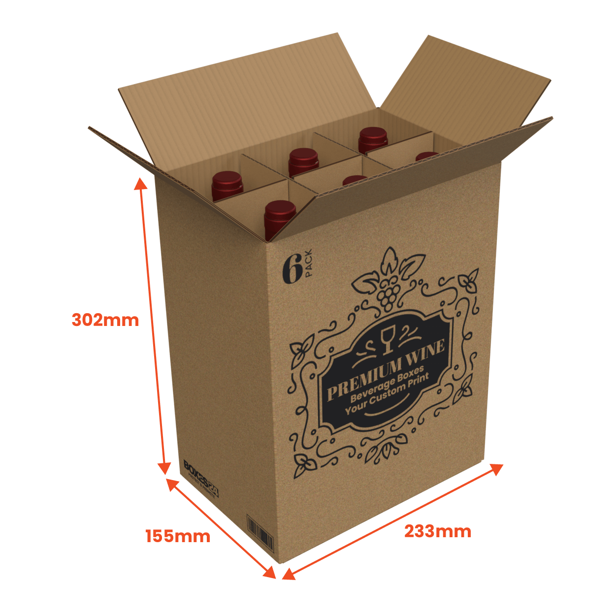 6 Bottle Generic Box - Brown - 233 x 155 x 302mm - Custom Print - 1 Sided (Pack of 25)