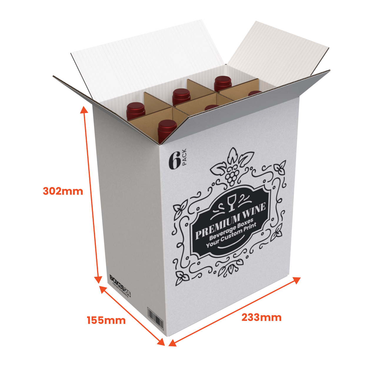 6 Bottle Generic Box - White - 233 x 155 x 302mm - Custom Print - 1 Sided (Pack of 25)