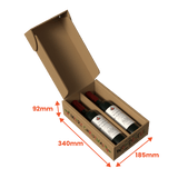 Wine gift pack cardboard box with two bottles inside, showing dimensions on a transparent background