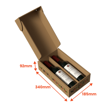 Wine gift pack cardboard box with two bottles inside, showing dimensions on a transparent background