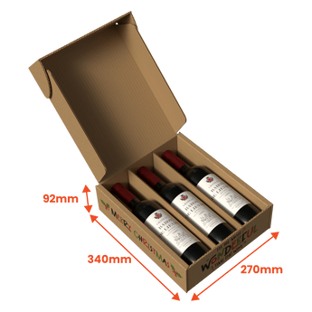 Cardboard wine gift pack box with wine bottles inside showing dimensions