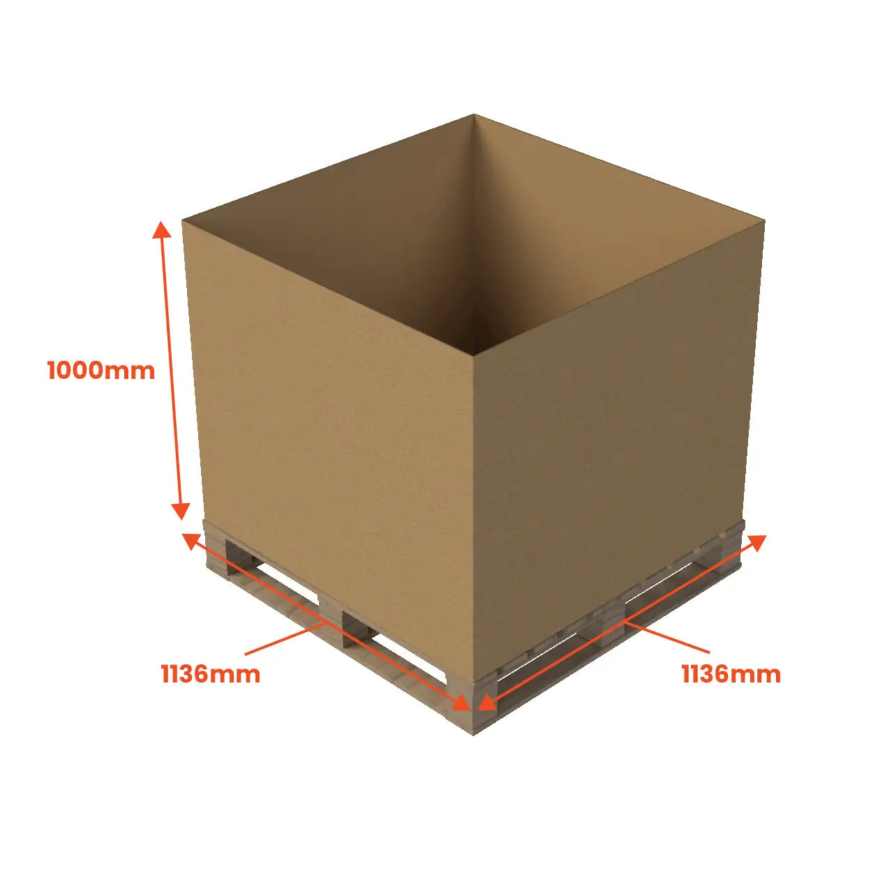 Cardboard box on a pallet with dimensions indicated