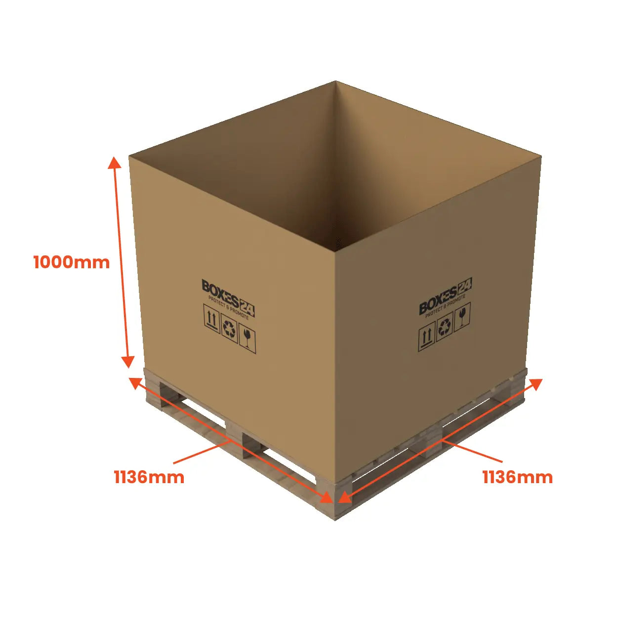 Cardboard box on a pallet with dimensions indicated