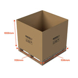 Cardboard box on a pallet with dimensions indicated