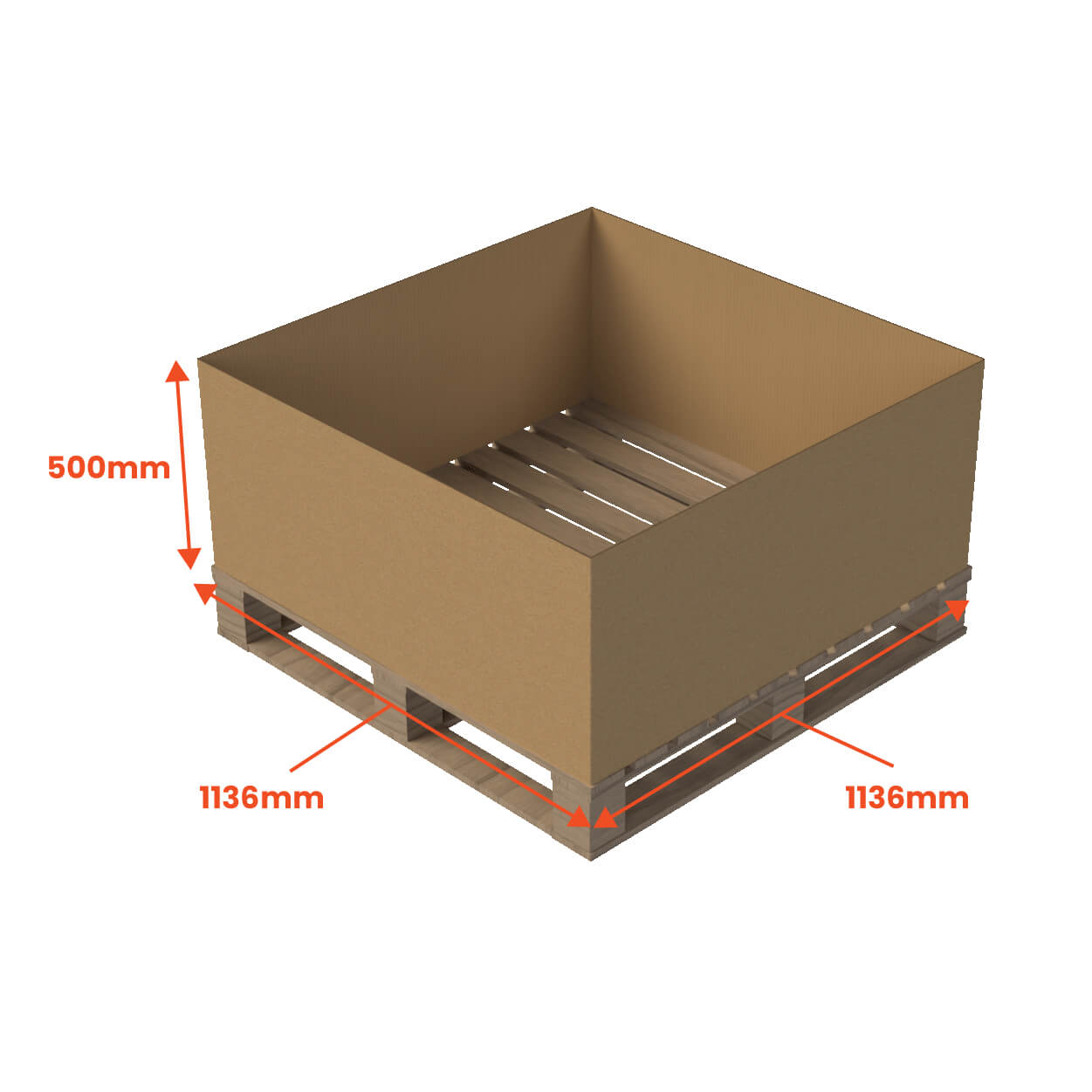 Cardboard box on a pallet with dimensions indicated