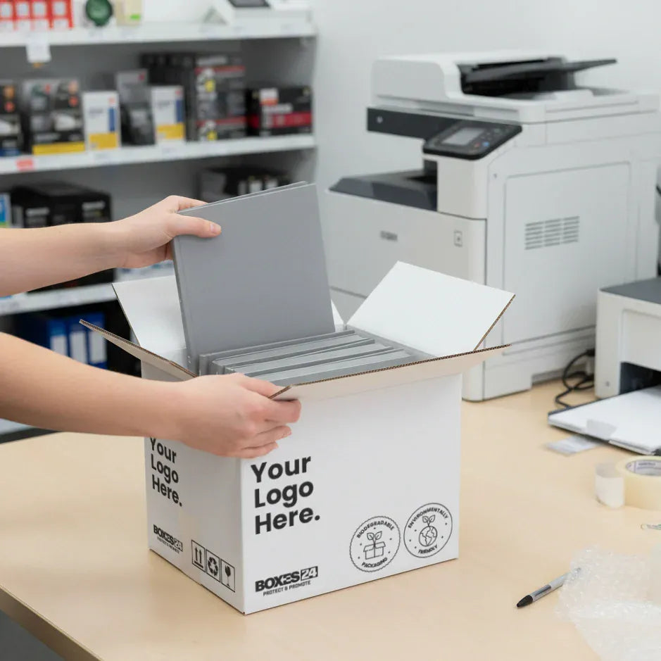 Single Wall Packing Box White - SW12 (A4) - 305 x 229 x 229mm - Custom Print - 1 Sided (Pack of 25)