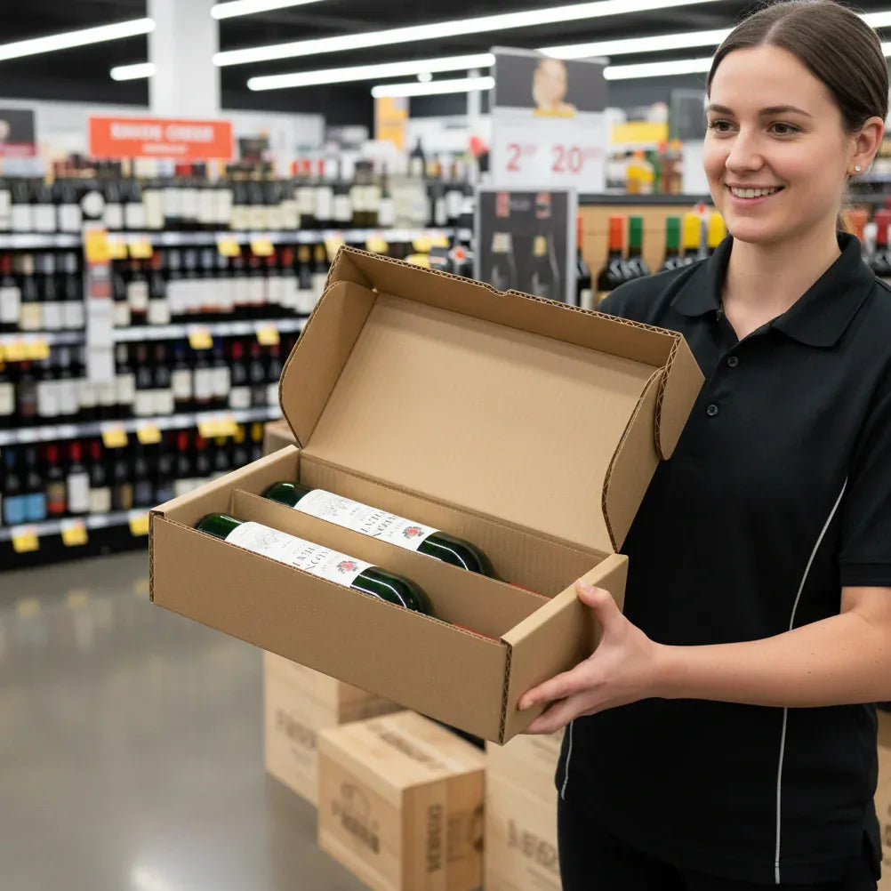 Boxes 24 Beverage Boxes 2 Bottle (750ml) Wine Lay Flat Box - Brown - 300 x 153 x 75mm (Pack of 25)