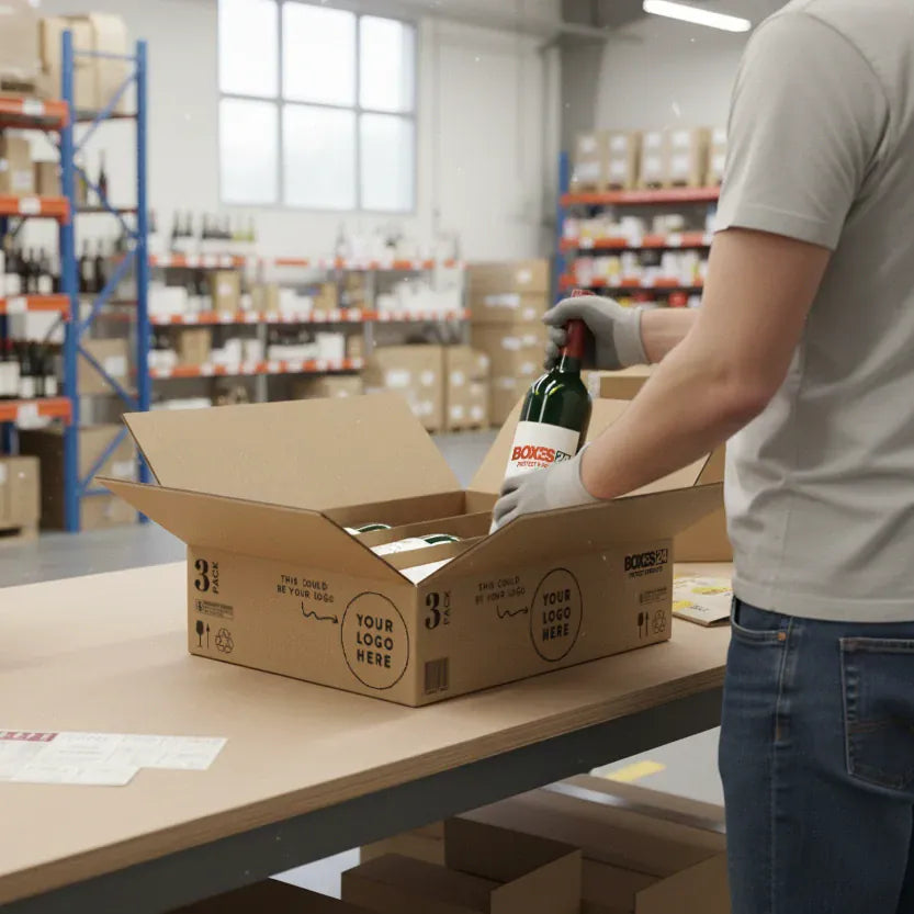 Boxes 24 Beverage Boxes 3 Bottle (750ml) Wine Shipper - Brown - 300 x 228 x 75mm - Custom Print - 1 Sided (Pack of 10)
