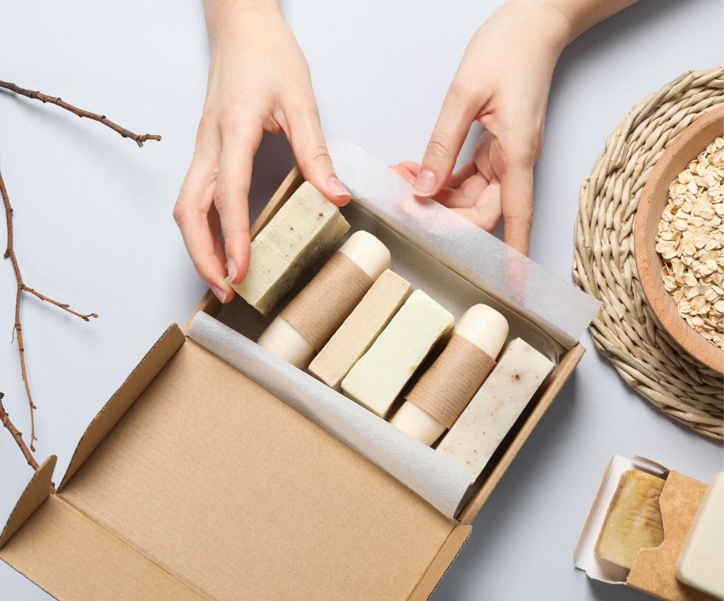 Cardboard box full of hand made soap