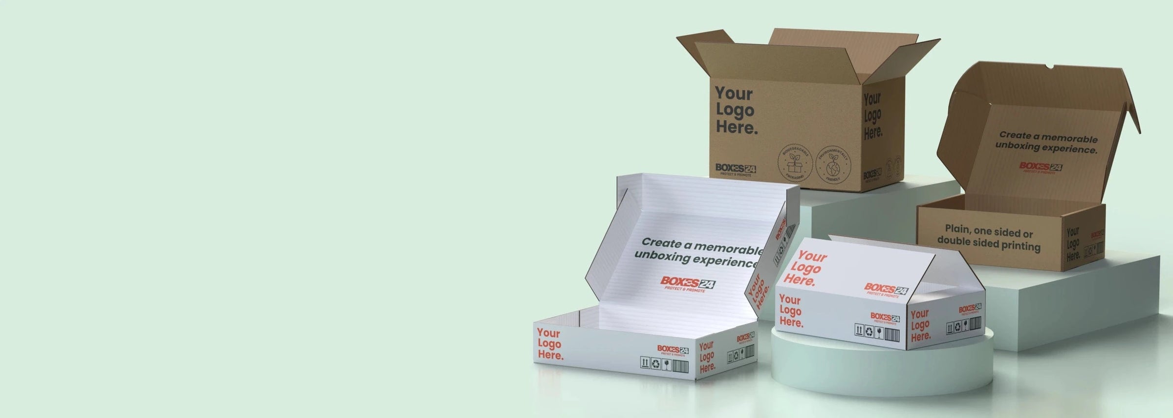 Cardboard boxes with 'Your Logo Here' text on a light green background