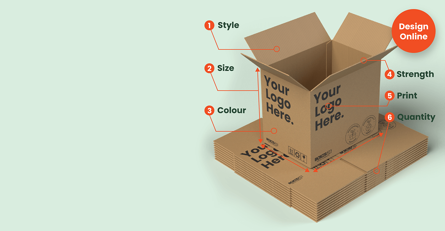 Custom Cardboard boxes with customisable options on a light green background