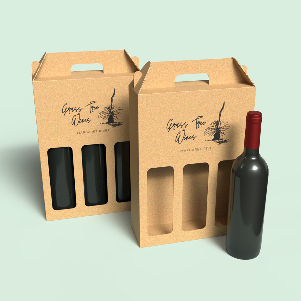 3 Bottle (750ml) Wine Carry Pack - Brown - 285 x 85 x 335mm - Custom Print - 1 Sided (Pack of 25) - Boxes 24