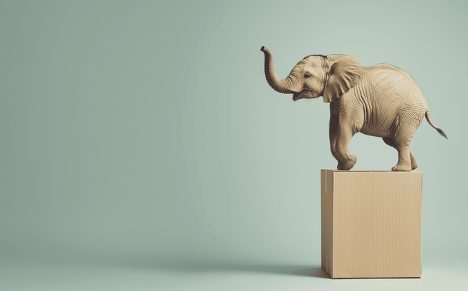Small elephant figurine on a beige cube against a light green background