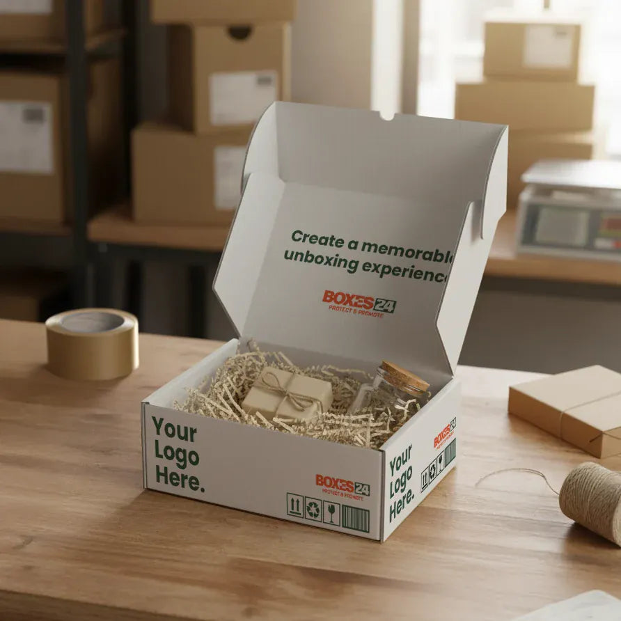 Boxes 24 Mailing Boxes Medium Mailing Box - Custom Print 2 Sided - White - 240 x 190 x 120mm (Pack of 25)