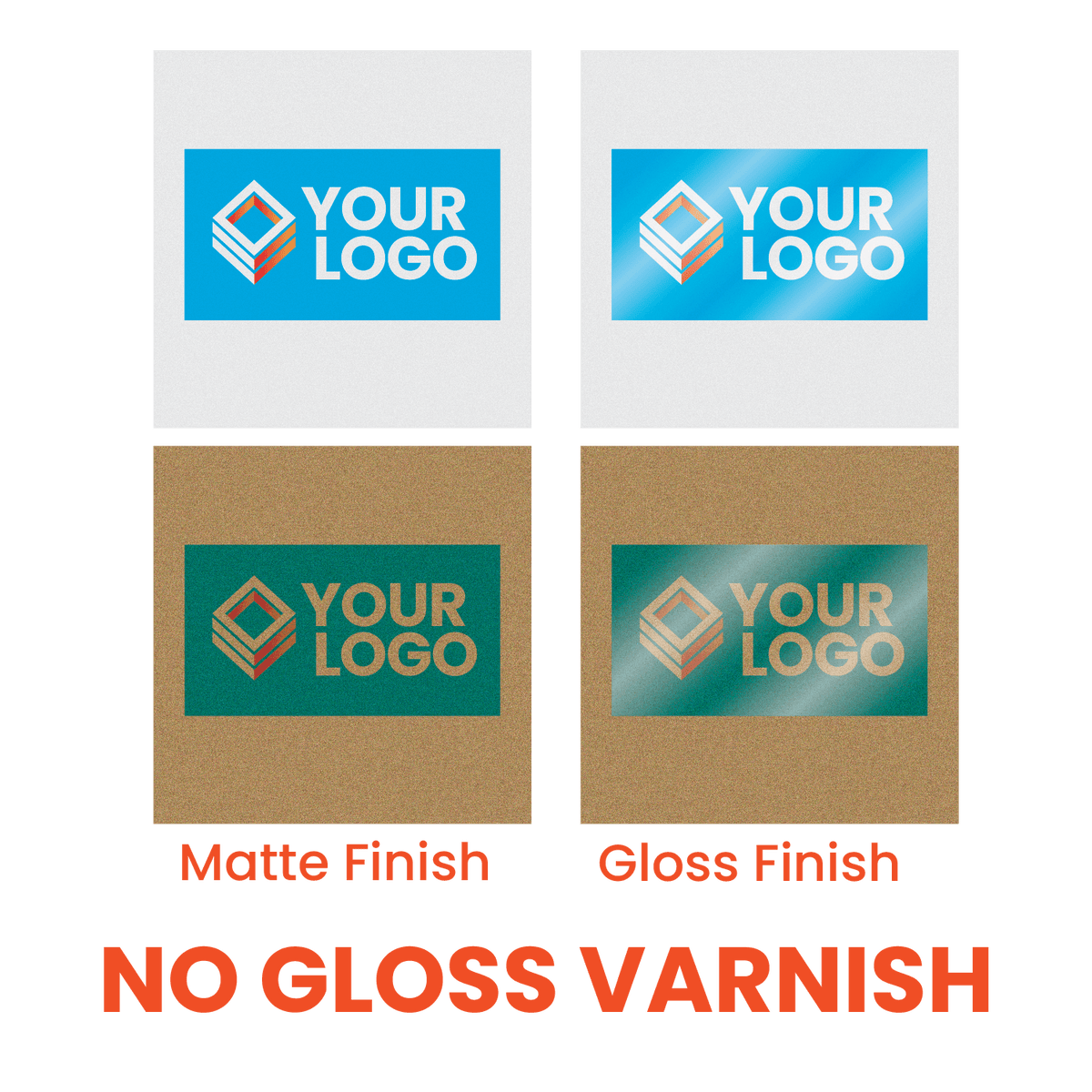 Comparison of matte and gloss finishes on printed materials with 'Your Logo' text.