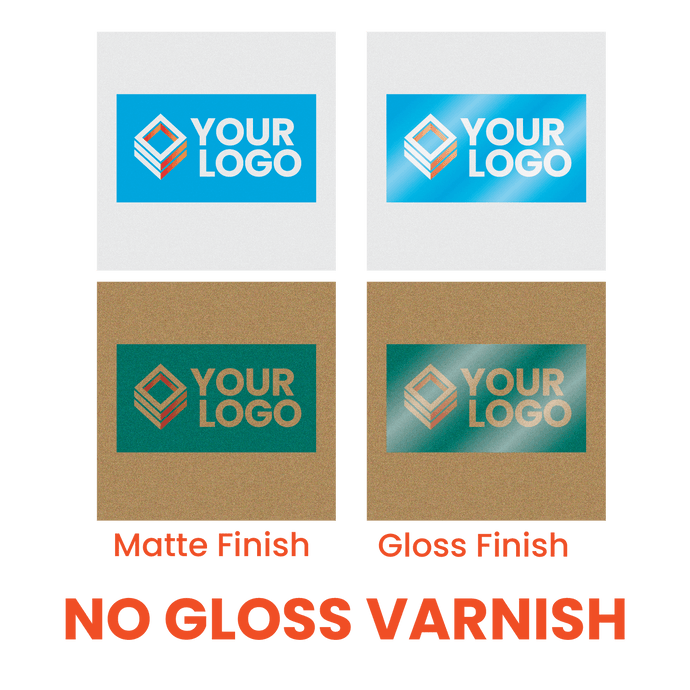 Comparison of matte and gloss finishes on printed materials with 'Your Logo' text.