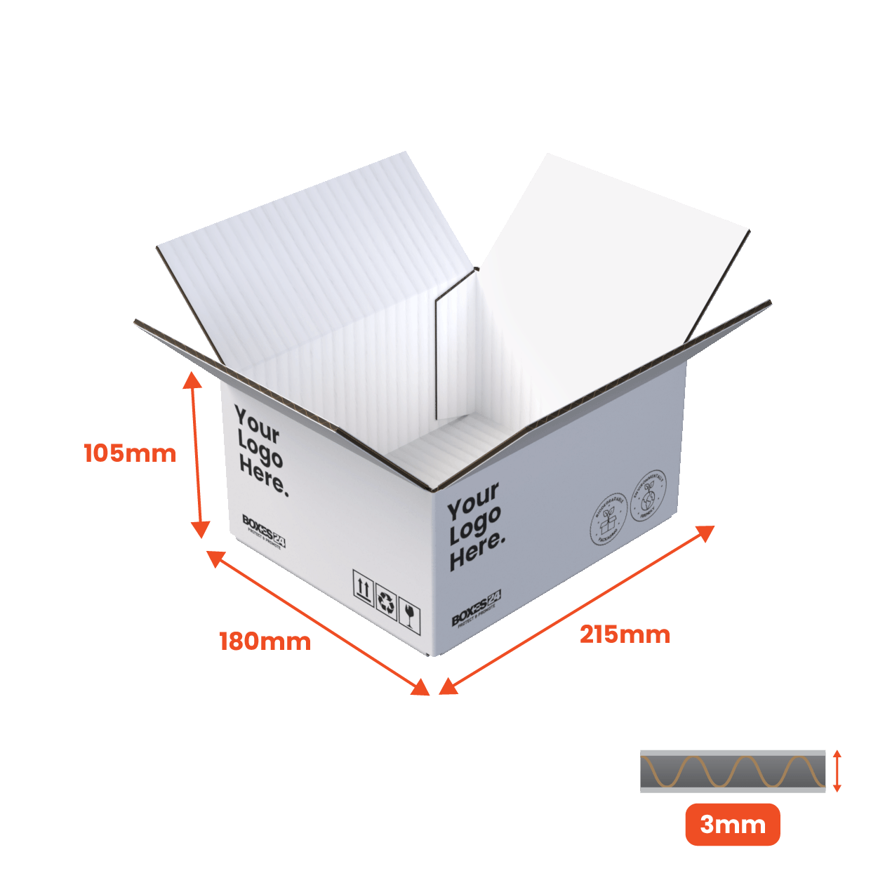 Single Wall Packing Box White - SW10 - 215 x 180 x 105mm - Custom Print - 1 Sided (Pack of 25)