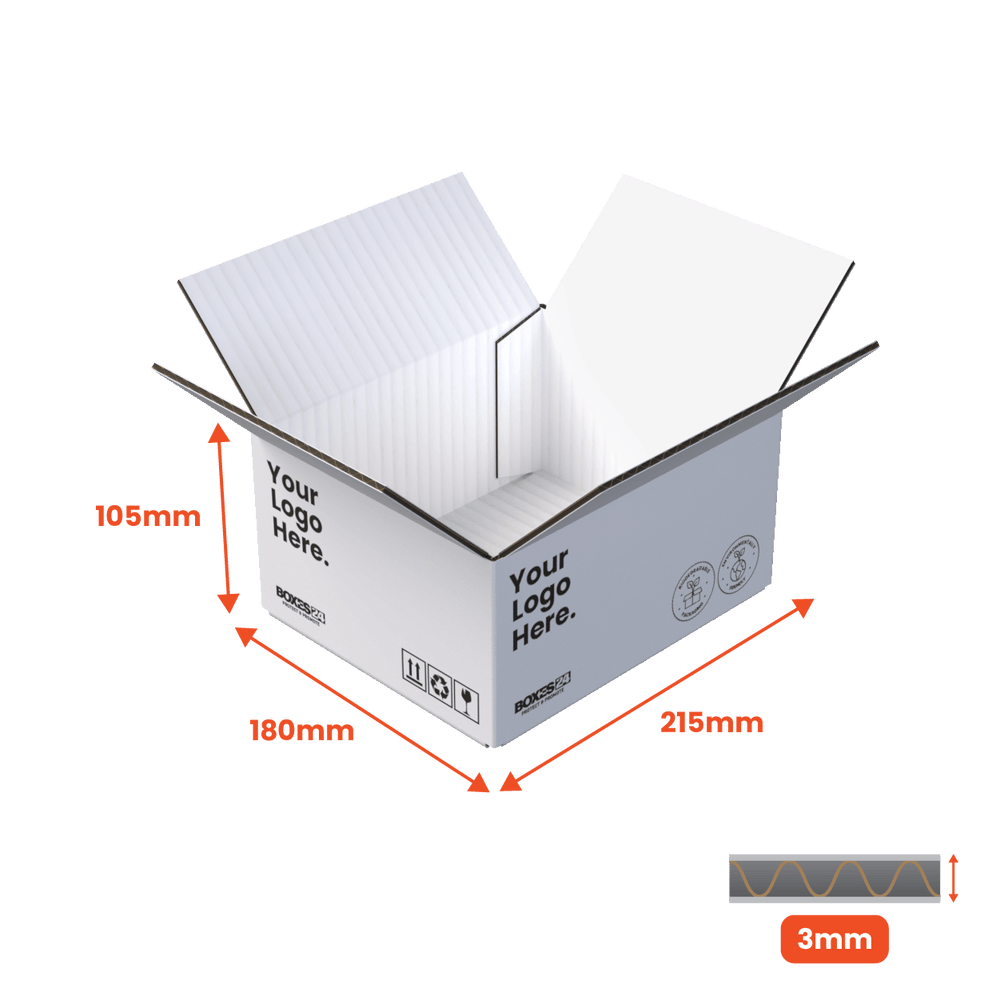 Single Wall Packing Box White - SW10 - 215 x 180 x 105mm - Custom Print - 1 Sided (Pack of 25) - Boxes 24