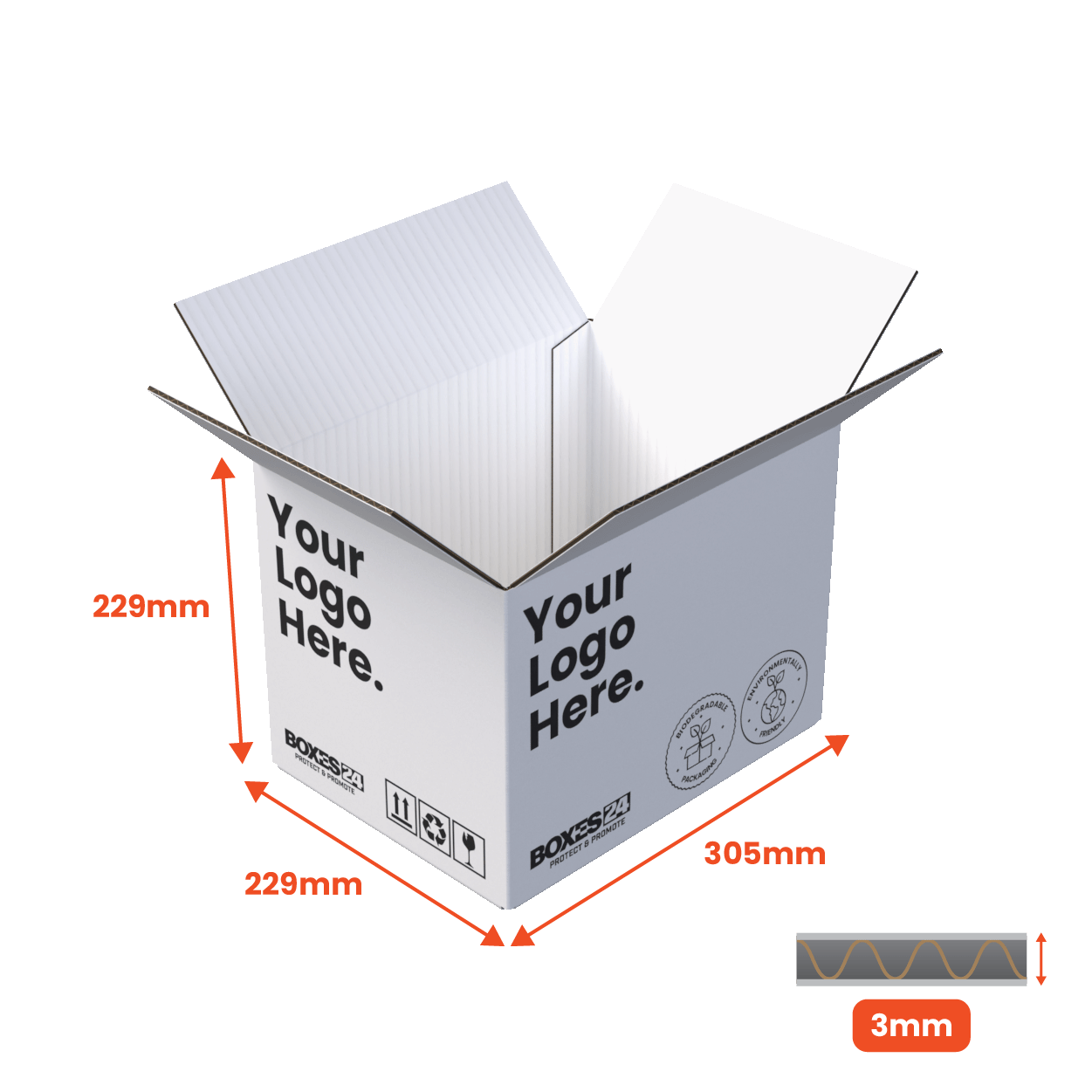 Single Wall Packing Box White - SW12 (A4) - 305 x 229 x 299mm - Custom Print - 1 Sided (Pack of 25)