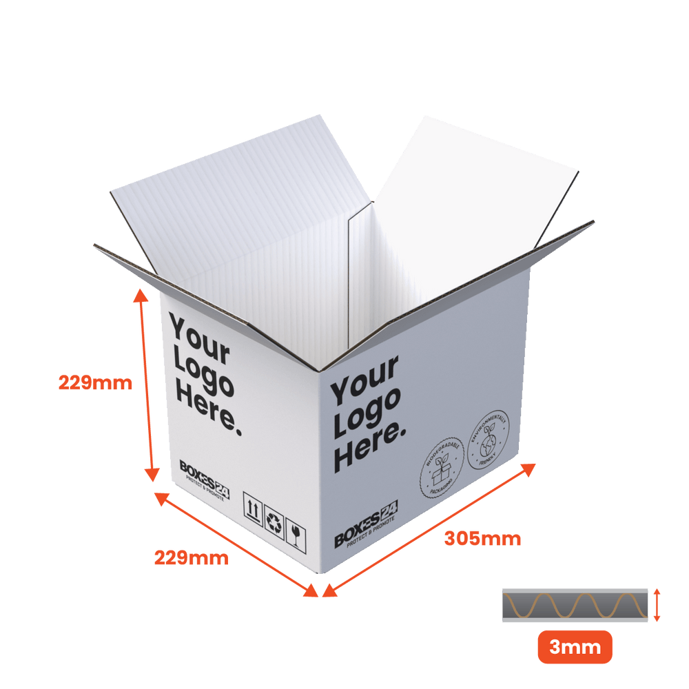 Single Wall Packing Box White - SW12 (A4) - 305 x 229 x 229mm - Custom Print - 1 Sided (Pack of 25) - Boxes 24