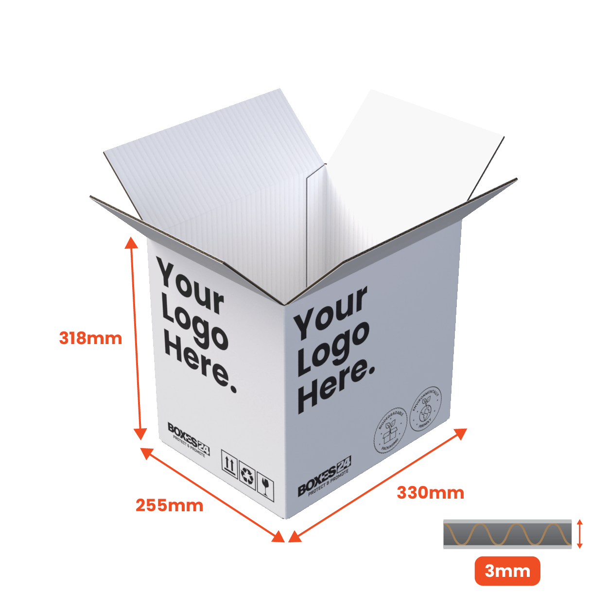 Single Wall Packing Box White - SW13 - 330 x 255 x 318mm - Custom Print - 1 Sided (Pack of 25)