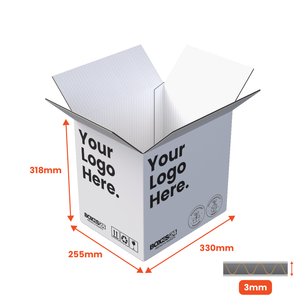 Single Wall Packing Box White - SW13 - 330 x 255 x 318mm - Custom Print - 1 Sided (Pack of 25) - Boxes 24