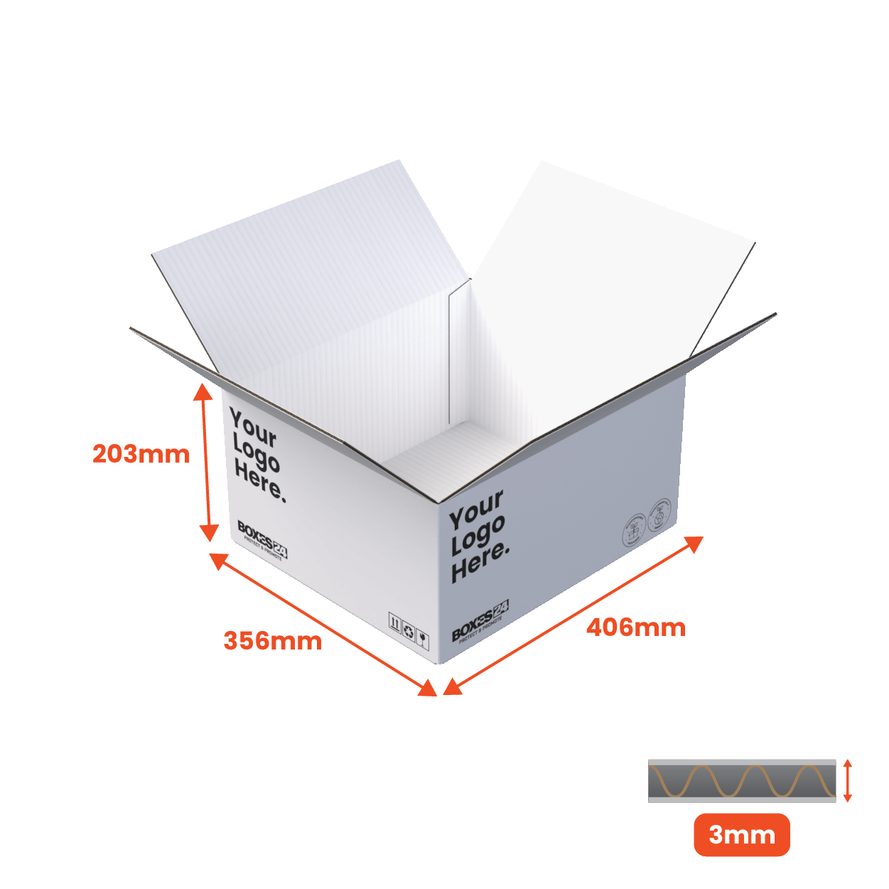 Single Wall Packing Box White - SW14 - 406 x 356 x 203mm - Custom Print - 1 Sided (Pack of 25) - Boxes 24