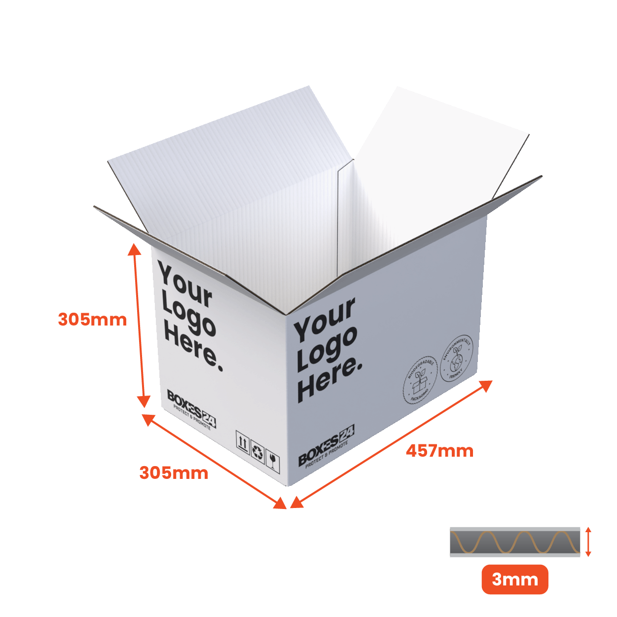 Single Wall Packing Box White - SW15 - 457 x 305 x 305mm - Custom Print - 1 Sided (Pack of 25)